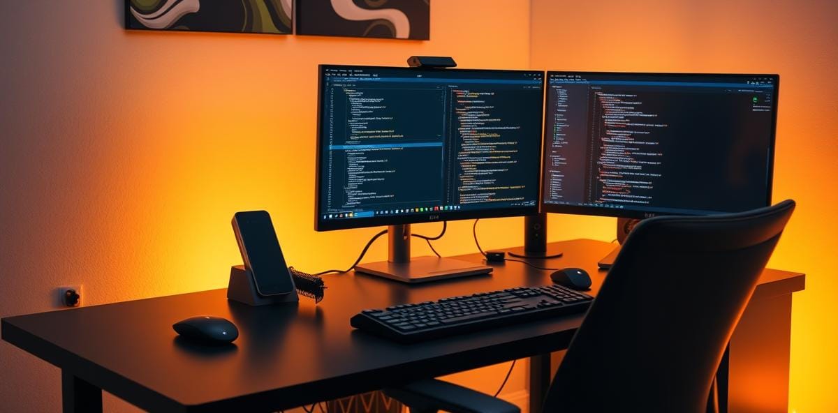 Modern developer desk with RTX 4090 GPU and dual monitors running code, symbolizing local AI model deployment on consumer hardware