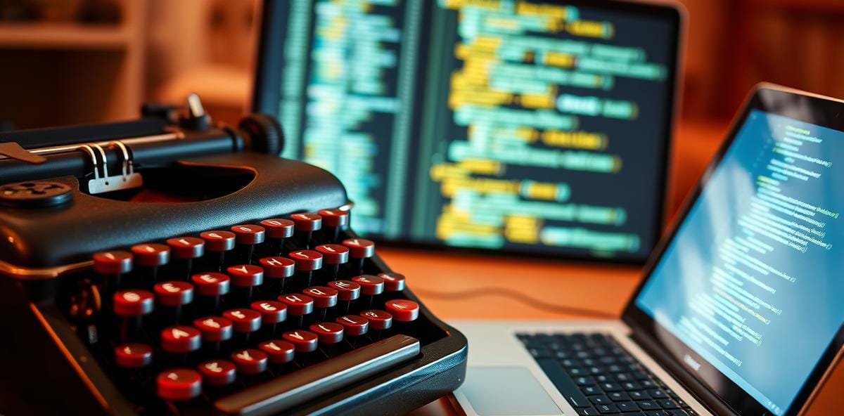 A typewriter and laptop side by side representing test-driven development meeting AI coding tools