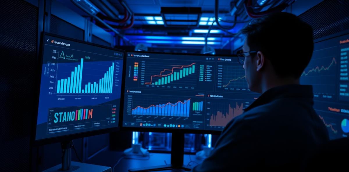 DevOps engineer monitoring AI infrastructure costs on a multi-monitor dashboard