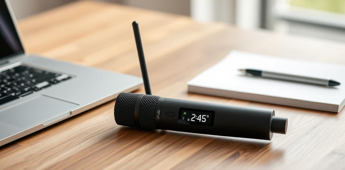 Insta360 Mic Pro wireless microphone with customizable E-ink display on a desk setup
