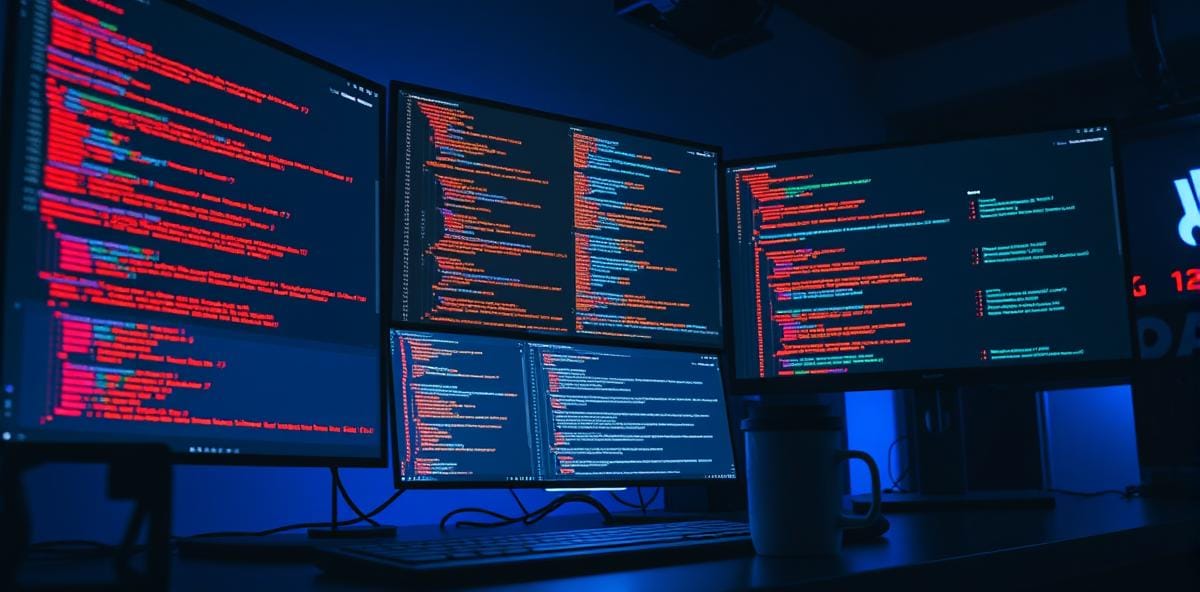 Developer workspace showing error logs and stack traces on multiple monitors during debugging session