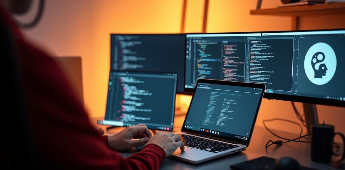 A developer using a laptop with a local LLM running via Ollama, showing code and terminal on screen