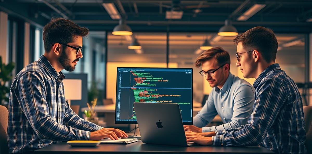 Engineering team using an AI coding tool together in a modern office