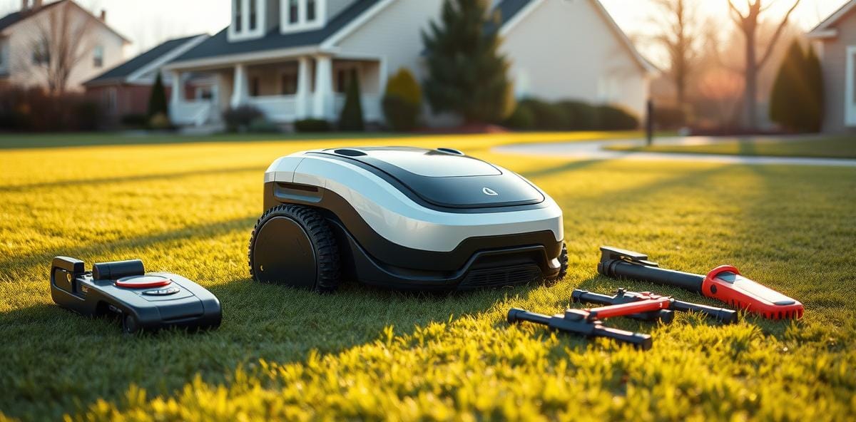 Modular outdoor robot with multiple tool attachments on a green lawn