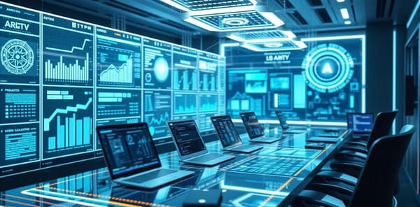 Futuristic AI workspace with holographic displays
