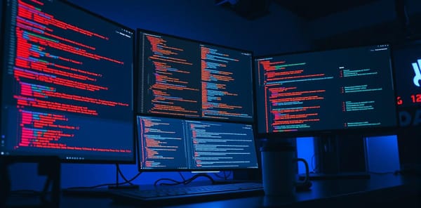 Developer workspace showing error logs and stack traces on multiple monitors during debugging session