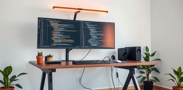 Modern developer desk with ultrawide monitor, monitor light bar, and standing desk setup