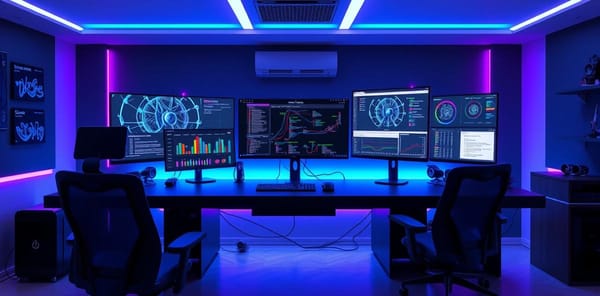 Developer workspace with screens showing agentic AI workflow diagrams and autonomous system monitoring