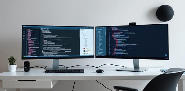 Developer reviewing AI-generated code on dual monitors with testing status indicators