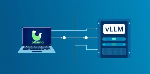 Comparison illustration of Ollama running on a personal laptop versus vLLM serving on a multi-GPU server rack