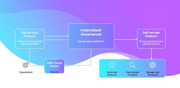 Illustration of Data Mesh architecture with decentralized domain data products connected through a self-serve platform layer with federated governance