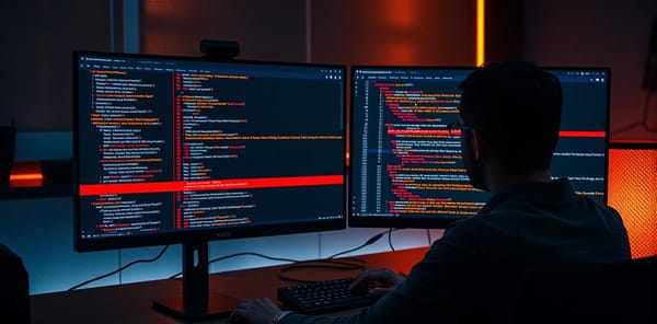 Developer adding defensive error handling to AI-generated code on dual monitors
