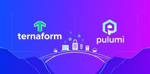Terraform and Pulumi logos facing each other with a bridge of cloud infrastructure icons between them