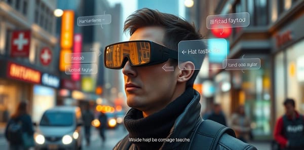 Person wearing AR glasses with floating digital overlays in a city environment