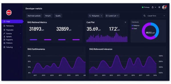 Dashboard displaying RAG evaluation metrics including retrieval precision, faithfulness scores, and generation relevance trending over time in a dark-themed analytics interface