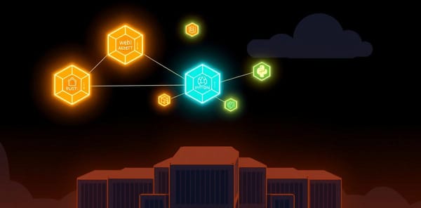 WebAssembly serverless components architecture showing small portable Wasm hexagons connected by data streams above a Kubernetes cluster
