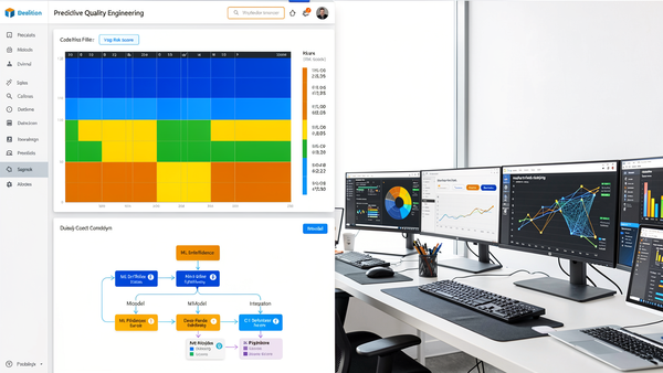 Predictive quality engineering dashboard showing code risk heat map and ML-driven defect forecasting