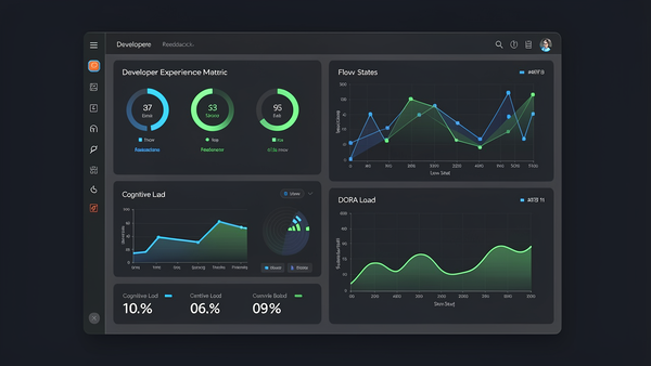 Dashboard showing DevEx metrics including feedback loops, cognitive load, and flow state alongside traditional DORA metrics