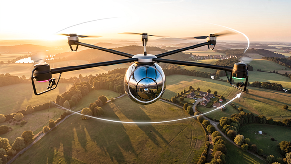 360-degree drone with spherical camera capturing aerial footage, illustrating the shoot-first frame-later paradigm